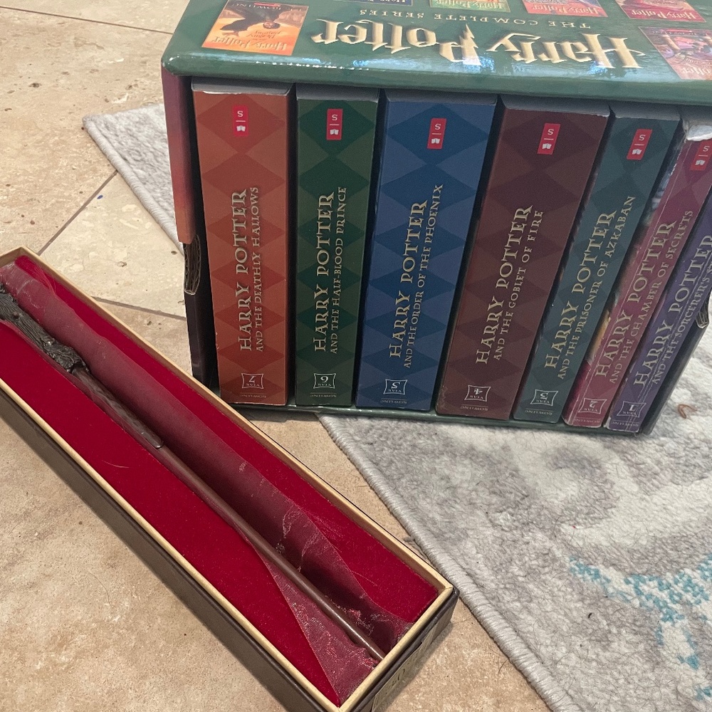 Harry Potter book set and wand